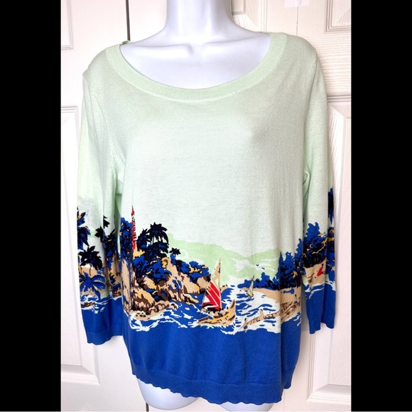 TALBOTS Sailboat Sweater Lightweight Knit Nautical Lighthouse Coastal Green Blue - Picture 1 of 7